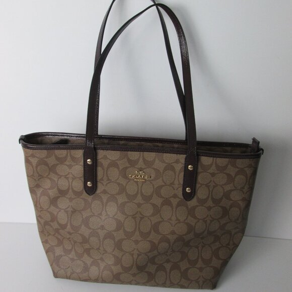 Coach Signature City Zip Tote Bag Logo All-Over Pattern Brown Jacquard F21974 - Picture 1 of 8